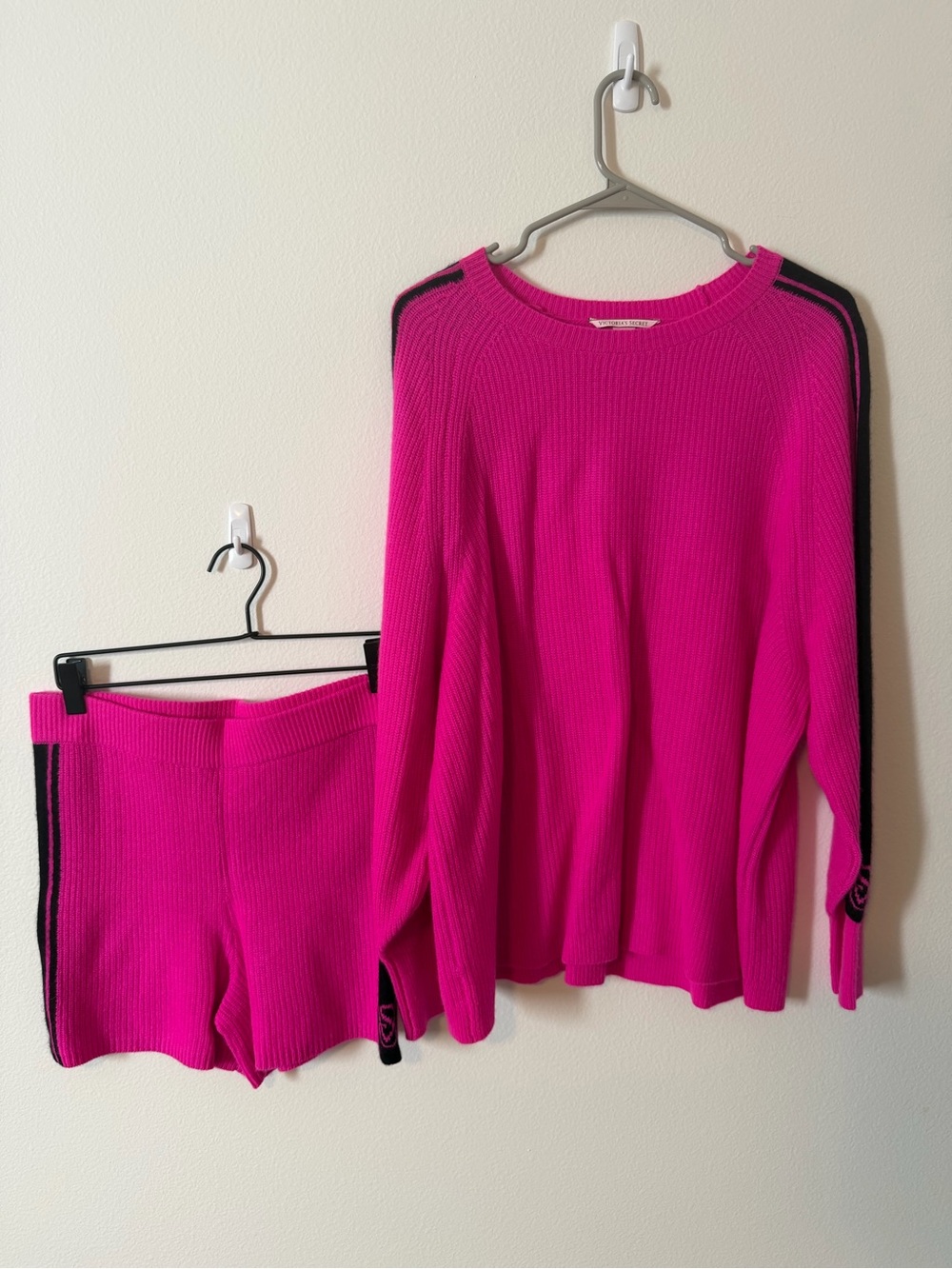 Victoria’s Secret Hot Pink Knit Sweater & Shorts Set with Black Stripe Detail M